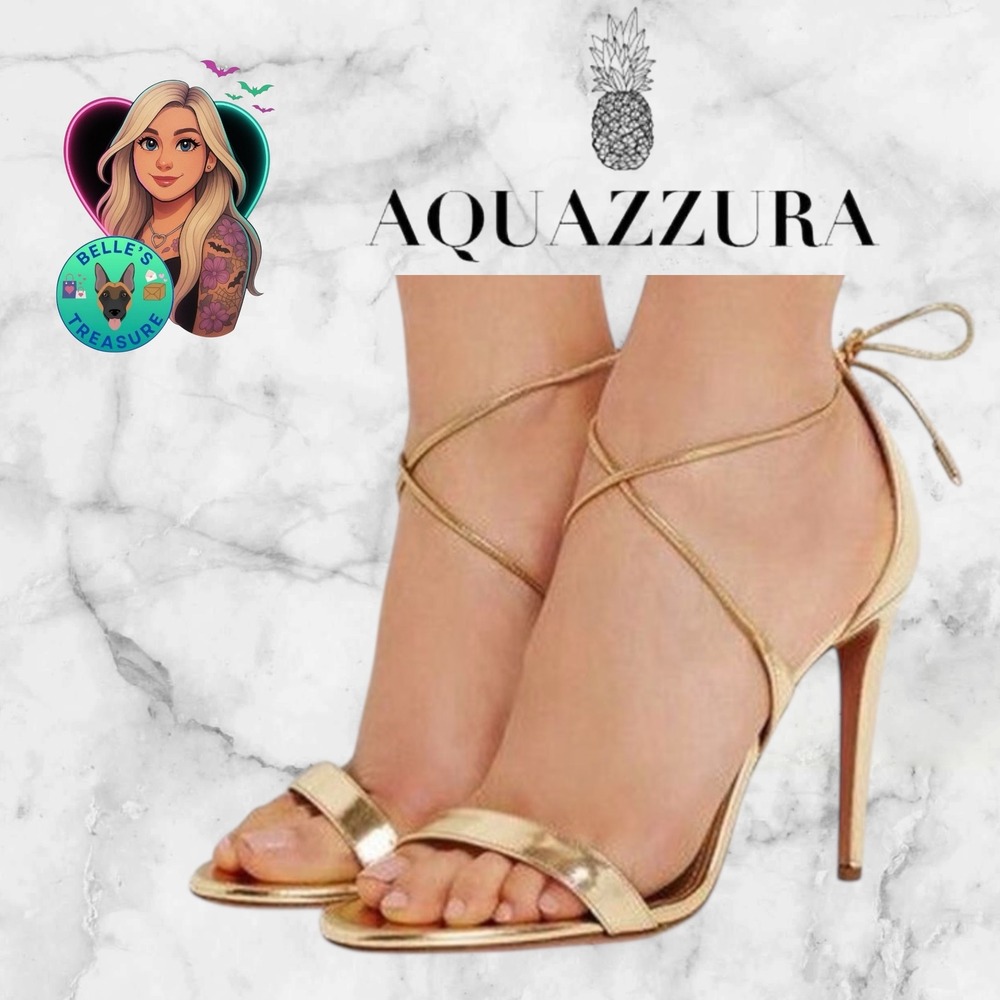 Aquazzura Women's 7.5 US 38 Linda 105 Gold Metallic Leather Wrap Ankle Tie Heels